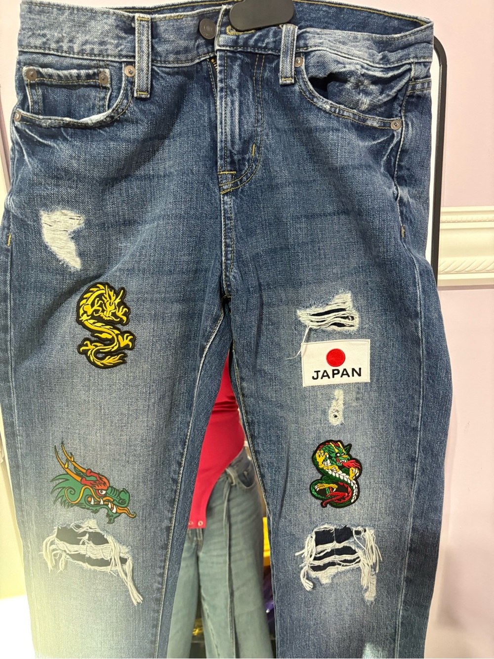 Aeropostale Blue Slim Straight Jeans with Dragon & Japan Patches  hand sewn